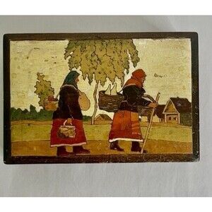 Vintage Folk Art Wooden Box Women Gathering Carrying Food Houses Countryside